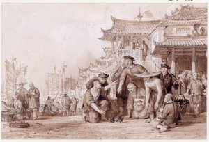 カントンバージメンファイティングウズラ、1843年（紙にインクと鉛筆） 作： Thomas Allom